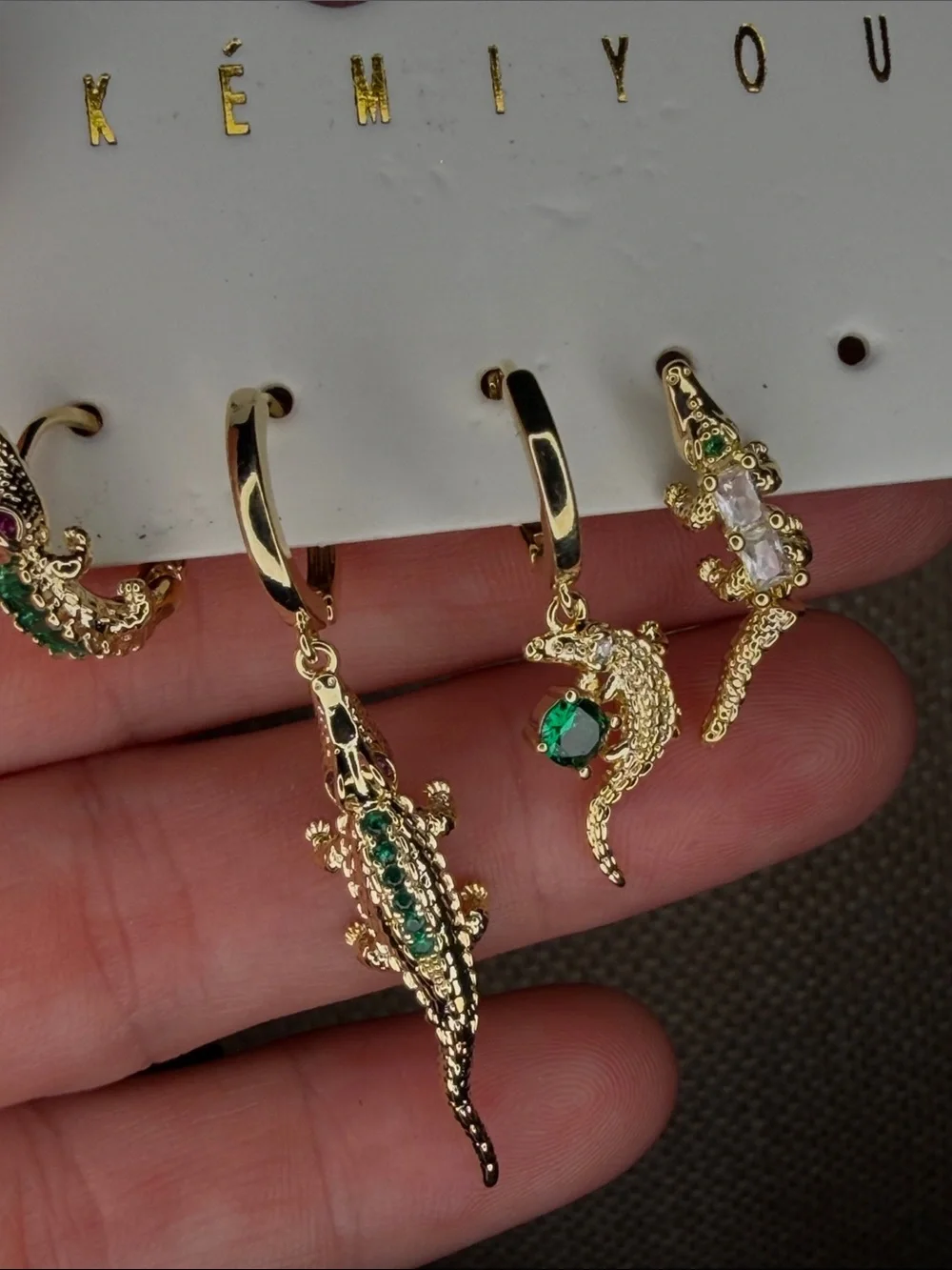 Gold Plated Crocodile Drop Earrings with Green Stones - Set of 4